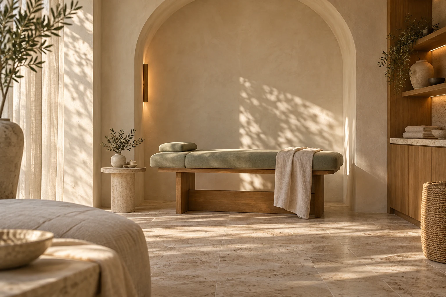 Konzeptvisualisierung eines hellen Wohlfühlstudios mit Behandlungsliege und Naturmaterialien
